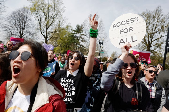 Demonstrators participate in a abortion rights rally outside the Supreme Court as the justices of the court hear oral arguments in the case of the U.S. Food and Drug Administration v. Alliance for Hippocratic Medicine on Tuesday in Washington, D.C. The case challenges the 20-plus-year legal authorization by the FDA of mifepristone, a commonly used abortion medication.