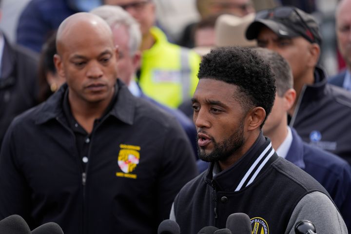 Baltimore Mayor Brandon Scott speaks during a news conference near the scene where a container ship collided with the Francis Scott Key Bridge Tuesday.