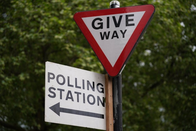 A general view of a Polling Station sign outside Methodist Central Hall in Westminster, central London - ahead of tomorrow's elections. (Photo by Yui Mok/PA Images via Getty Images)