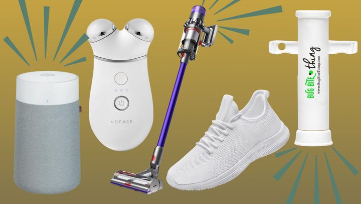 Blueair air purifier, the NuFace Trinity facial toning device, the V11 Animal vacuum from Dyson, lightweight walking shoes and the Bug Bite Thing.