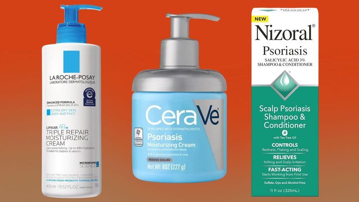 La Roche-Posay triple repair body cream, CeraVe psoriasis cream and scalp psoriasis shampoo and conditioner.