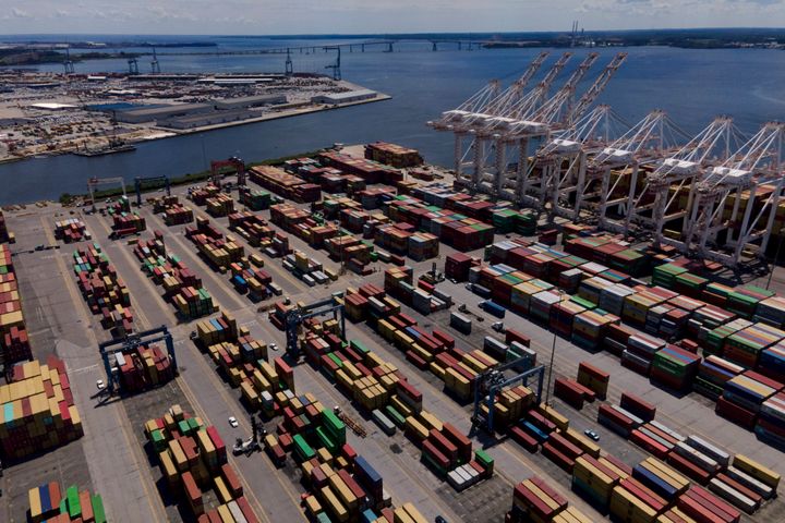 Shipping containers are stacked together at the Port of Baltimore in 2022.