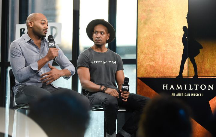 Actors Brandon Victor Dixon, left, and Bryan Terrell Clark discuss the Broadway musical "Hamilton" at AOL Studios in 2017 in New York.