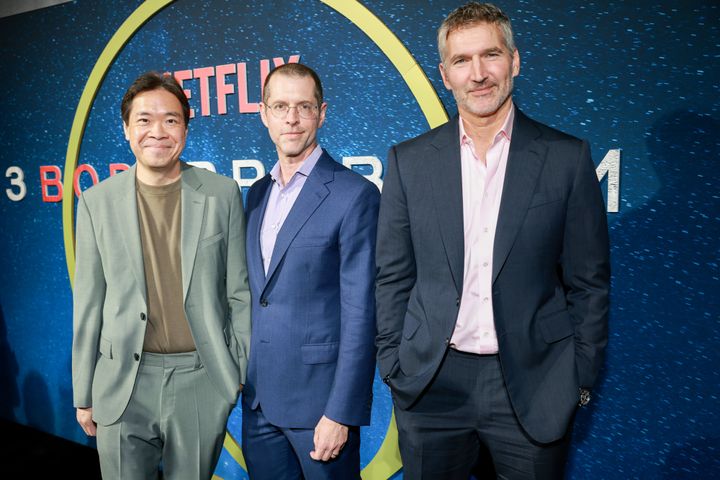 Alexander Woo, D.B. Weiss and David Benioff at the premiere of 3 Body Problem