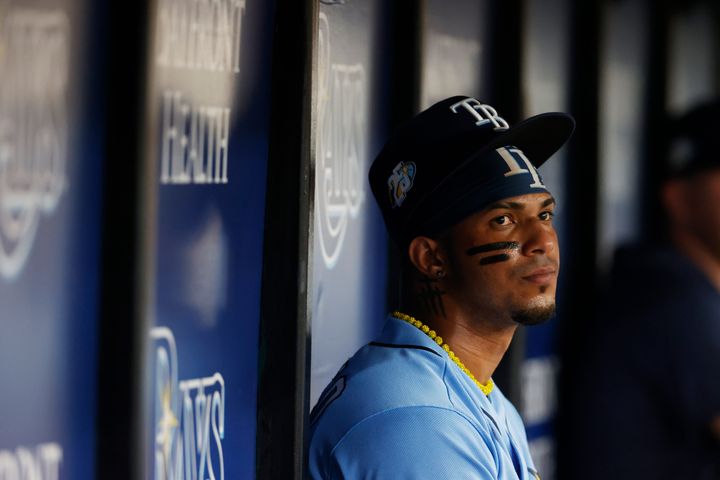 Tampa Bay Rays' Wander Franco watches from the dugout during a baseball game against the Baltimore Orioles Sunday, July 23, 2023, in St. Petersburg, Fla. (AP Photo/Scott Audette)