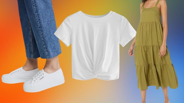 A pair of platform sneakers, a tie-front T-shirt and a tiered maxi tent dress.