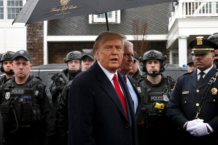 MASSAPEQUA, NEW YORK - MARCH 28: Former U.S. President Donald Trump speaks to the media after attending the wake of slain NYPD Officer Jonathan Diller at the Massapequa Funeral Home on March 28, 2024 in Massapequa, New York. Officer Diller was killed on March 25th when he was shot in Queens after approaching an illegally parked vehicle. Two suspects have been arrested and charged, and are being held without bail for the killing. Trump met with the officers family members, local police officers and other officials. (Photo by Spencer Platt/Getty Images)