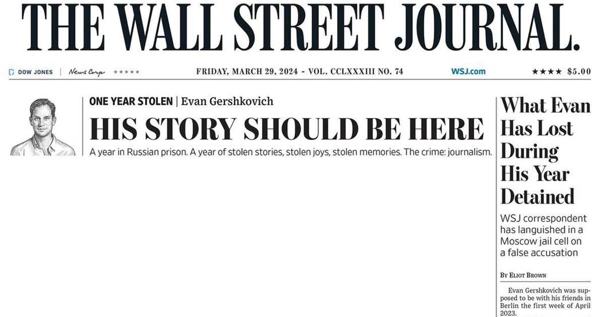 WSJ Marks Evan Gershkovich’s 1-Year Detention With Stunning Blank Front Page