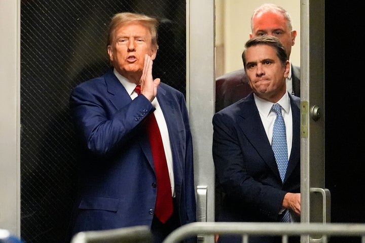 Former President Donald Trump comments as he leaves a pre-trial hearing during a recess with his defense team at court in New York on Monday, March 25, 2024. (AP Photo/Mary Altaffer, Pool)