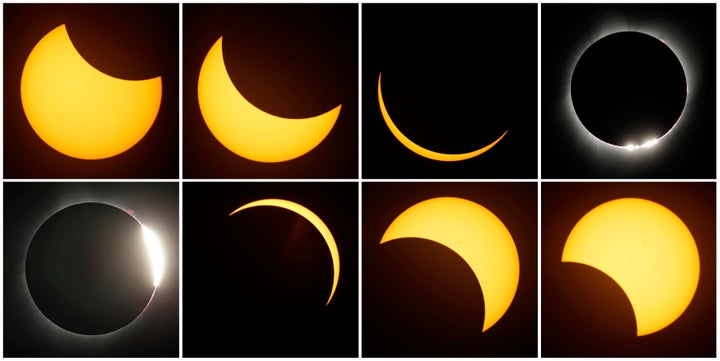 The moon is pictured eclipsing the sun in stages on Aug. 21, 2017. On Monday, the moon will cast its shadow across a stretch of the U.S., Mexico and Canada, plunging millions of people into midday darkness.