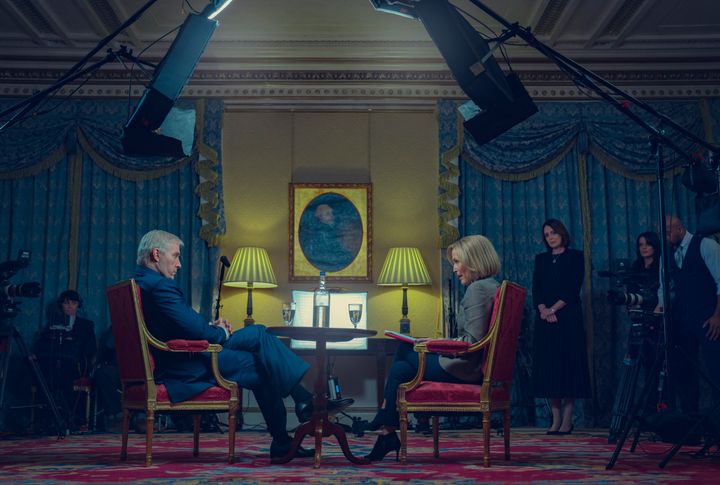 Rufus Sewell as Prince Andrew, Gillian Anderson as BBC "Newsnight" host Emily Maitlis, and Keeley Hawes as Andrew's top aide Amanda Thirsk in the Netflix film "Scoop."
