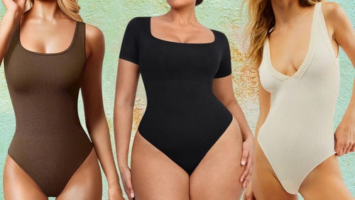 A OQQ ribbed suit tank, A square-neck shaping bodysuit and a V-neck bodysuit from Free People.