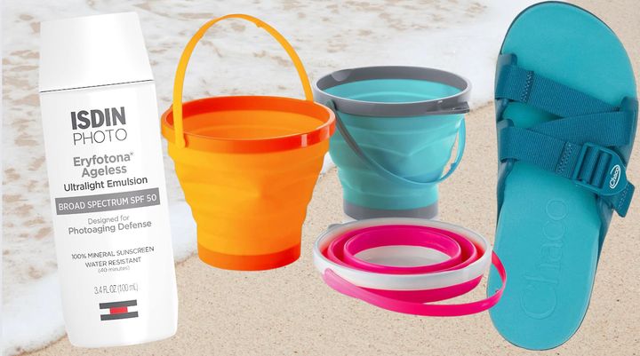 Isdin Photo tinted sunscreen, collapsible buckets and Chaco slide sandals.