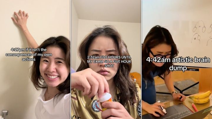 Above, Kay Chung documents her all-nighter test prep for TikToks. "Pulling a Kay Chung" has become a new shorthand for students who need to cram before an exam.