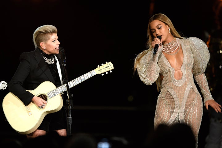 Beyoncé performs with The Chicks at the 50th Annual CMA Awards, hosted by Brad Paisley and Carrie Underwood, in 2016.