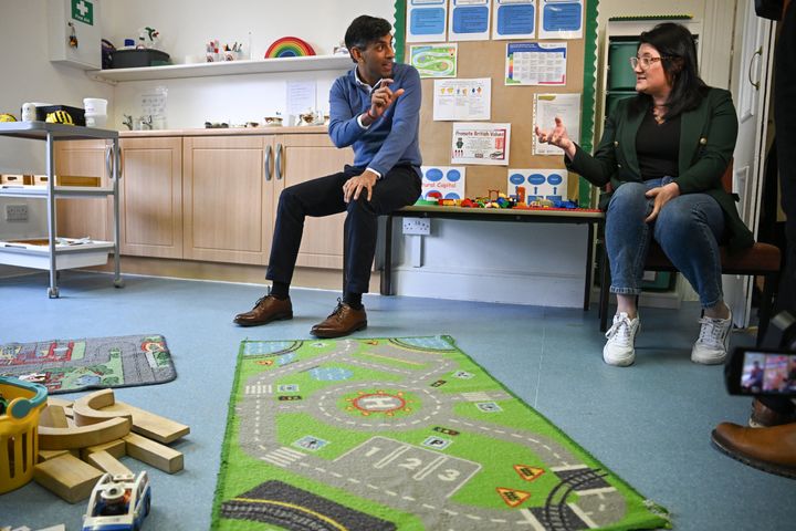 Rishi Sunak speaks to parents during a visit to Aldersyde Day Nursery in Hartlepool.