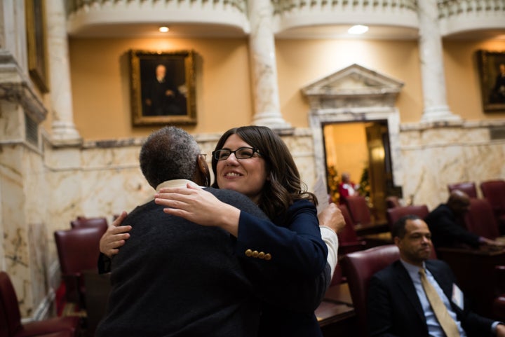 Someone close to Maryland state Sen. Sarah Elfreth (right) denied that she was trying to appeal to AIPAC with her campaign's "red box." She was instead encouraging all outside backers to emphasize positive themes, the person said.