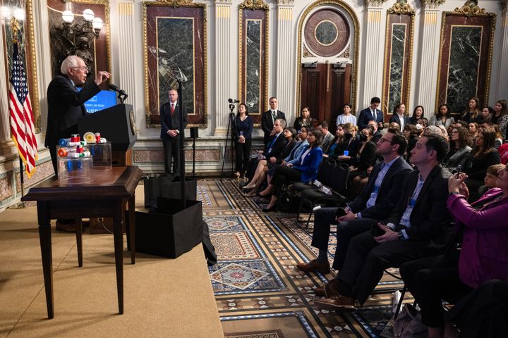 Sen. Bernie Sanders (I-Vt.), a vocal critic of the Biden's administration's approach on Israel, joined President Biden for a health care event at the White House on Wednesday. (Photo by Jim WATSON / AFP) (Photo by JIM WATSON/AFP via Getty Images)