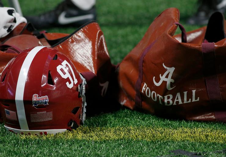 A helmet and ball bag are seen during a football game between the Alabama Crimson Tide and the Florida State University Seminoles on Sept. 2, 2017, in Atlanta.