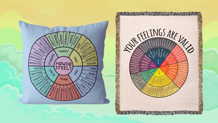 A feelings wheel pillow and a throw blanket from Etsy.