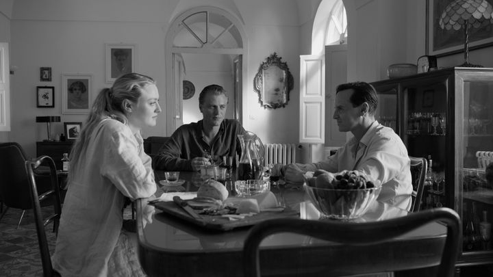 (L to R) Dakota Fanning, Johnny Flynn and Scott in a scene from "Ripley."