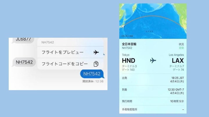 ショートメッセージで自分にフライトナンバーを送信すると、リンク付きの便名が送られてくる。このリンクを押して「フライトをプレビュー」を選ぶと、最新のフライト情報が表示される