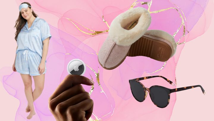 A three-part satin pajama set, an Apple AirTag, Dearfoam slippers and a pair of sunglasses.