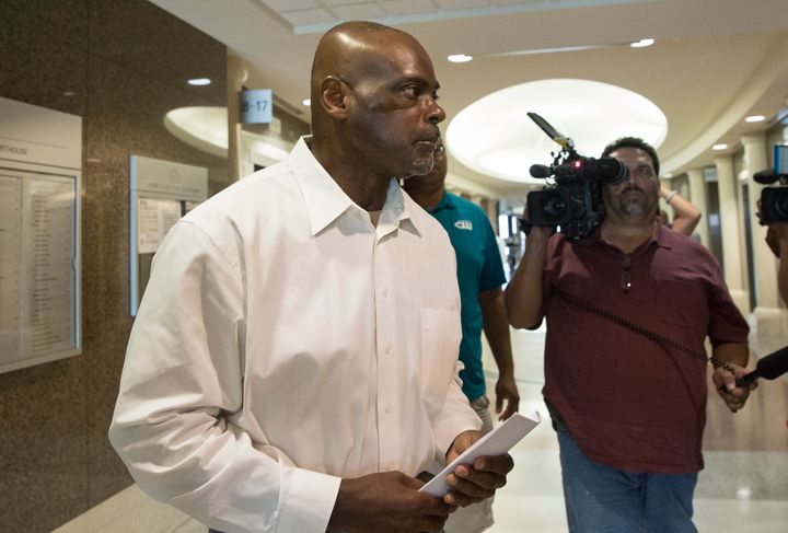 Former narcotics officer Gerald Goines leaves a Houston courtroom on Aug. 26, 2019. Goines had been charged in the deaths of Dennis Tuttle and Rhogena Nicholas Steve in a botched drug raid in January 2019.