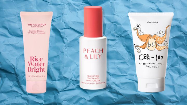 Peach & Lily's water gel moisturizer, the Face Shop's facial foaming cleanser, a bottle of Elizavecca hair treatment