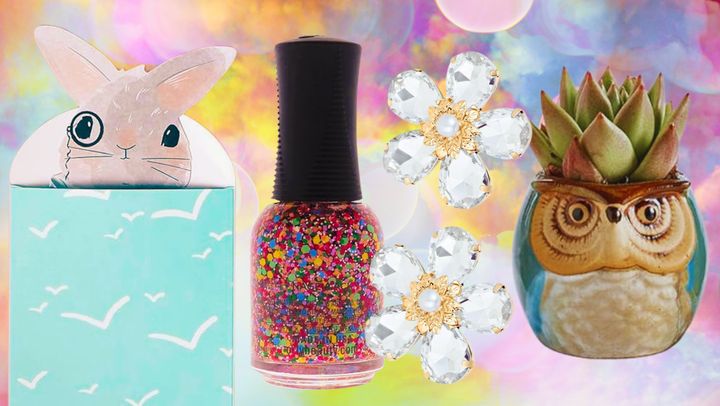 A bottle of Orly's "Turn It Up" rainbow confetti nail polish, an owl planter, a bunny notecard and a pair of 18-karat gold-plated oversize flower earrings from Amazon.