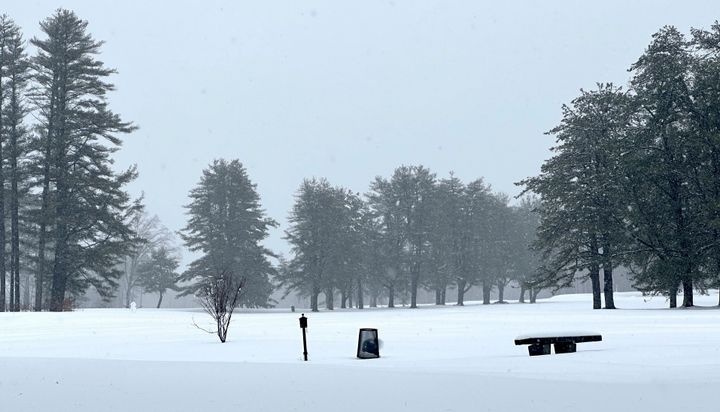 A snowman stands on Beaver Meadow Golf Course in Concord, N.H., on April 4, 2024.