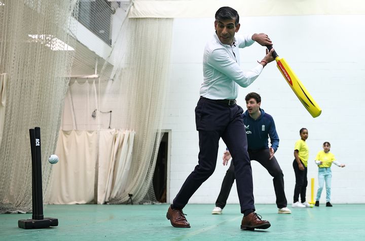 Rishi Sunak is clean bowled while taking part in a cricket practice session during a visit to the Oval yesterday.