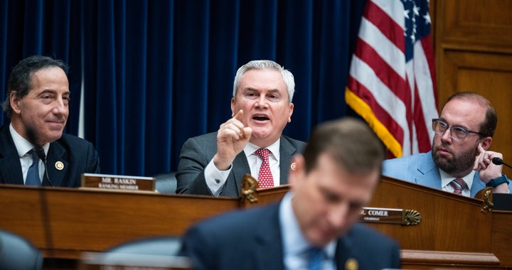 House Oversight Committee members, from left, Jamie Raskin (D-Md.), Chairman James Comer (R-Ky.), Dan Goldman (D-N.Y.) and Jason Smith (R-Mo.) attend a March 20 hearing titled "Influence Peddling: Examining Joe Biden's Abuse of Public Office."