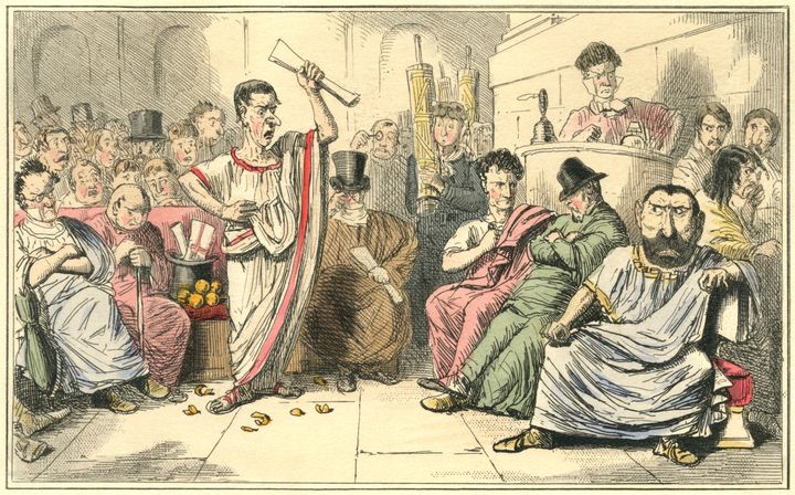 Ο Ρωμαίος ύπατος Μάρκος Τάλιος Κικέρων καταγγέλλει τον Λούκιο Κατιλίνα, ο οποίος σχεδίαζε να τον ανατρέψει. Από το βιβλίο "The Comic History of Rome" του Gilbert Abbott à Beckett σε εικονογράφηση του John Leech. Εκδόθηκε από τους Bradbury and Evans, Λονδίνο, το 1850. Ο εικονογράφος έχει συμπεριλάβει μερικές βικτοριανές πινελιές, όπως καπέλα και μια ομπρέλα!