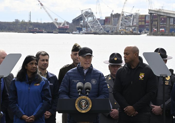 President Joe Biden delivers a speech in front of the site of the deadly Francis Scott Key Bridge collapse in Baltimore on April 5.