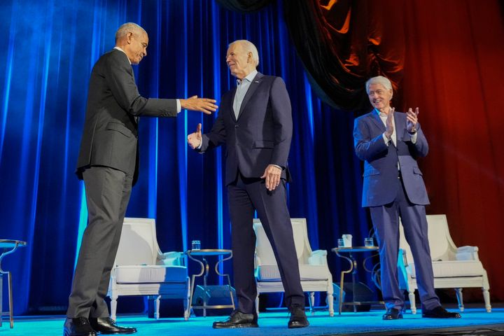 President Joe Biden is joined by former presidents Barack Obama (left) and Bill Clinton at a fundraising event on March 28 at Radio City Music Hall in New York City.