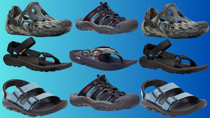Merrell hydro moc drifts, Keen's closed-toe slip on Newports, Teva Hurricanes, Oofos sport flip-flops and Birkenstock Mogami sandals. 
