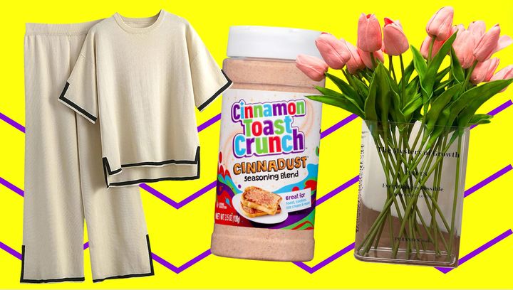 Two-piece set, Cinnamon Toast Crunch powder and clear book vase.