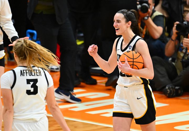 CLEVELAND, OHIO - APRIL 05: Caitlin Clark #22 of the Iowa Hawkeyes reacts after beating the UConn Huskies during the NCAA Women's Basketball Tournament Final Four semifinal game at Rocket Mortgage Fieldhouse on April 05, 2024 in Cleveland, Ohio. Iowa defeated Connecticut 71-69 (Photo by Jason Miller/Getty Images)