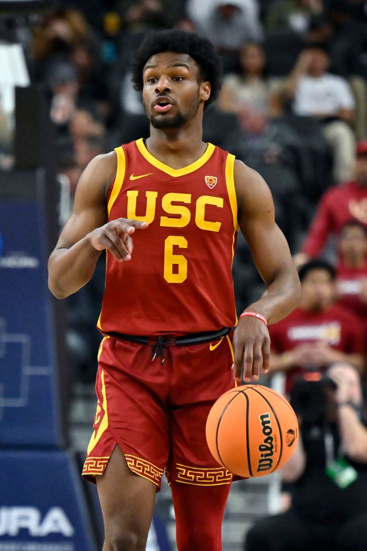 Bronny James of the USC Trojans is photographed during a basketball game on March 13, 2024, in Las Vegas, Nevada.