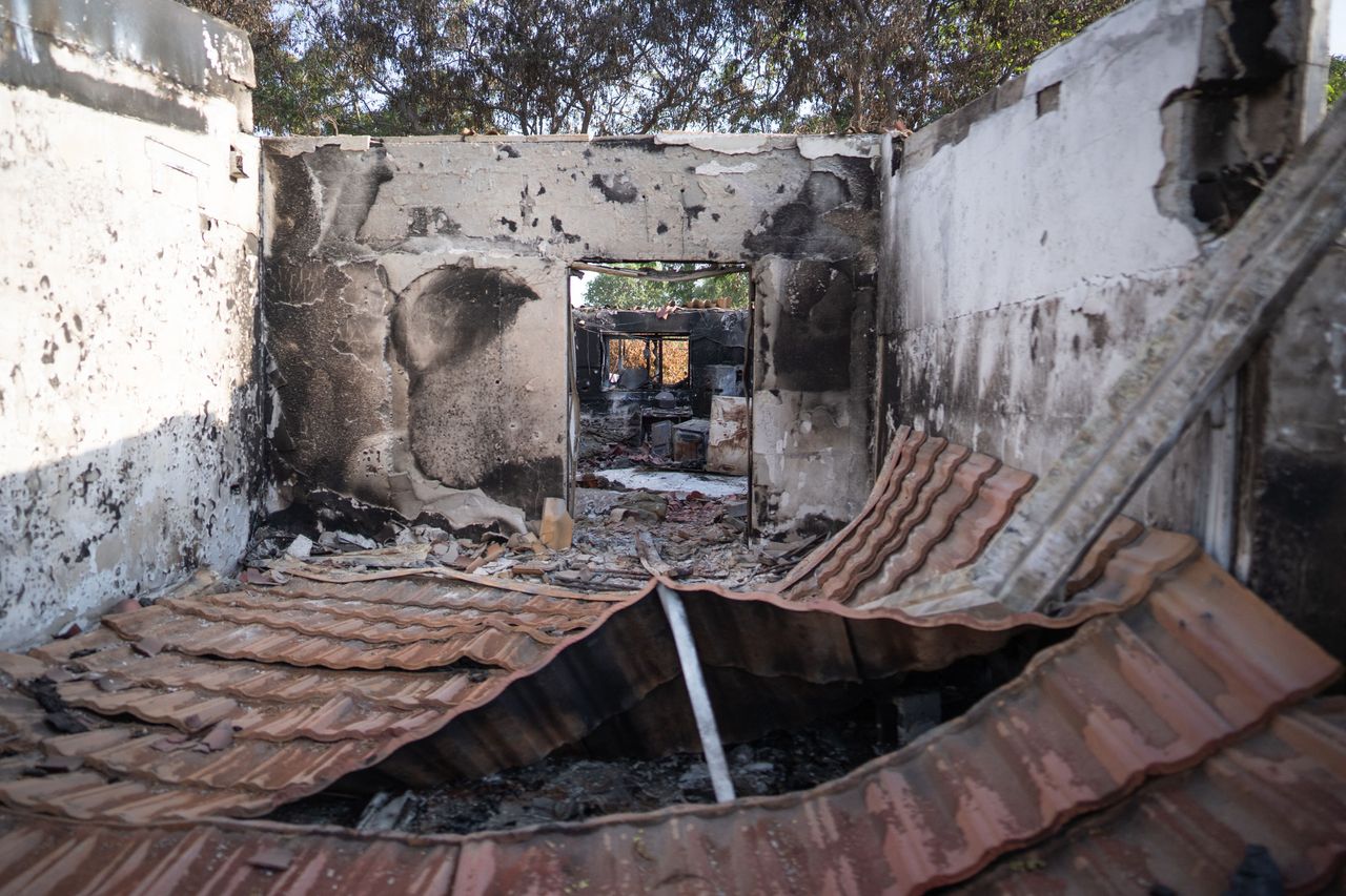 Burned-out houses in Kibbutz Kfar Aza, Israel, where Hamas-led militants massacred and kidnapped residents on Oct. 7, 2023.