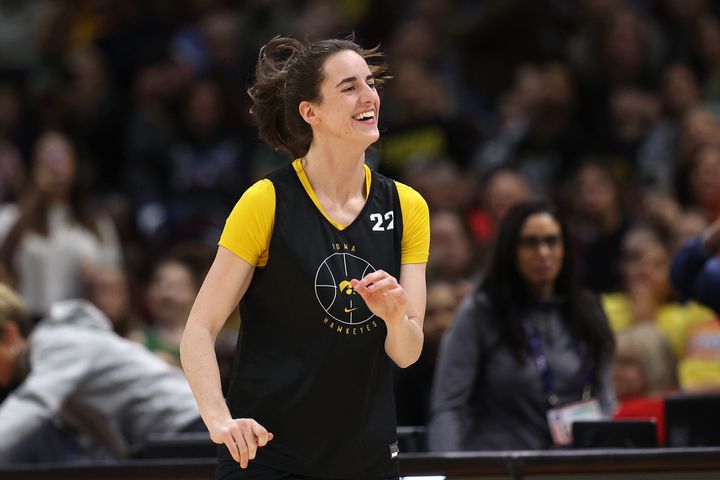 Caitlin Clark of the Iowa Hawkeyes looks on during an open practice session ahead of the 2024 NCAA Women's Basketball Final Four National Championship at Cleveland's Rocket Mortgage Fieldhouse.