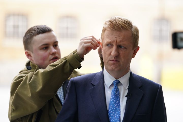 Oliver Dowden before speaking to the media outside BBC Broadcasting House in London this morning.