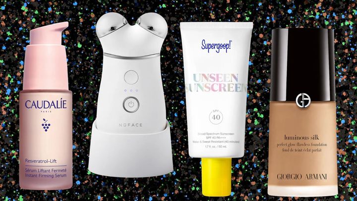 Caudalíe's Resveratrol-Lift serum, the NuFace trinity toning device, the Unseen Sunscreen by Supergoop and Giorgio Armani's Luminous Silk foundation. 