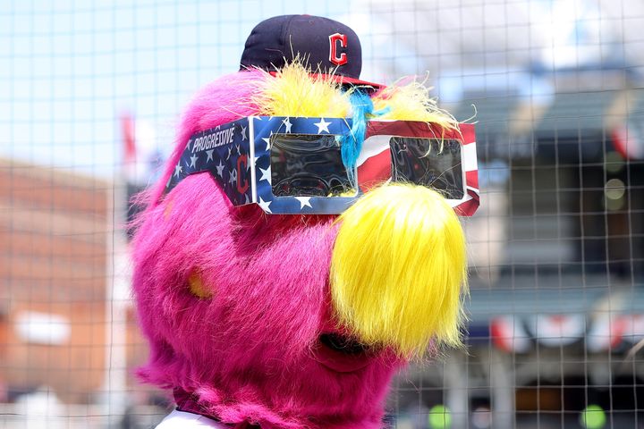 Cleveland Guardians mascot Slider poses while wearing eclipse glasses before the home opener against the Chicago White Sox at Progressive Field on Monday in Cleveland, Ohio. 