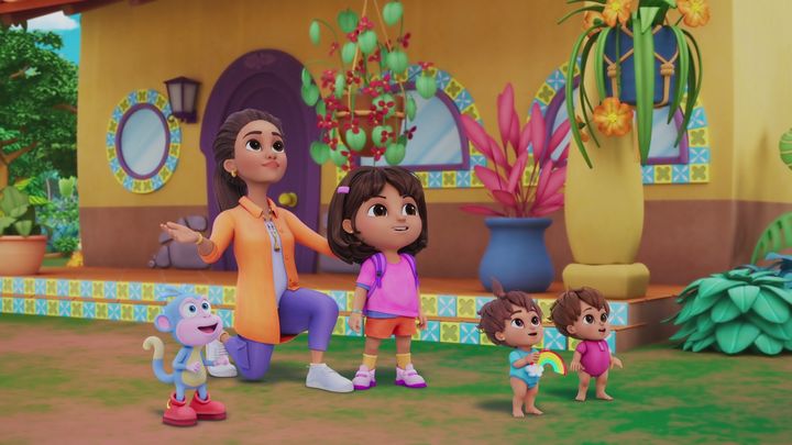 (L to R) Asher Colton Spence as the voice of Boots, Kathleen Herles as the voice of Mami, Diana Zermeno as the voice of Dora and Isabella and Donovan Monzon-Sanders as the voice of Guillermo in "Dora."