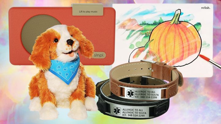 A one-touch music player, a stuffed animal with a heartbeat, a water painting kit and an engraved MedicAlert bracelet from Etsy.