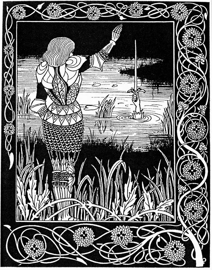 Το χέρι της Κυράς στη λίμνη ανακτά το Εξκάλιμπερ, το σπαθί του βασιλιά Αρθούρου. Εικονογράφηση του 1893 από τον Aubrey Beardsley για το βιβλίο του Σερ Τόμας Μάλορυ''Le Morte D'arthur'' (Ο Θάνατος του Αρθούρου). Ξυλογραφία.