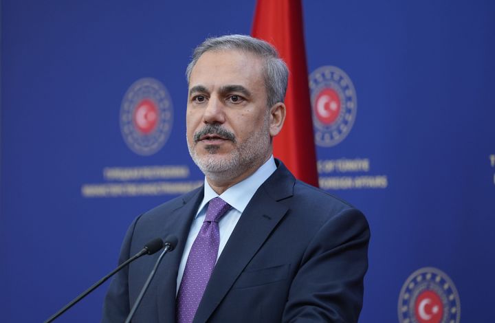 Turkish Foreign Minister Hakan Fidan holds a press conference at ministry building in Ankara, Turkey on April 8, 2024, where he accused Israel of barring Turkish military cargo planes from helping airdop humanitarian aid into Gaza.