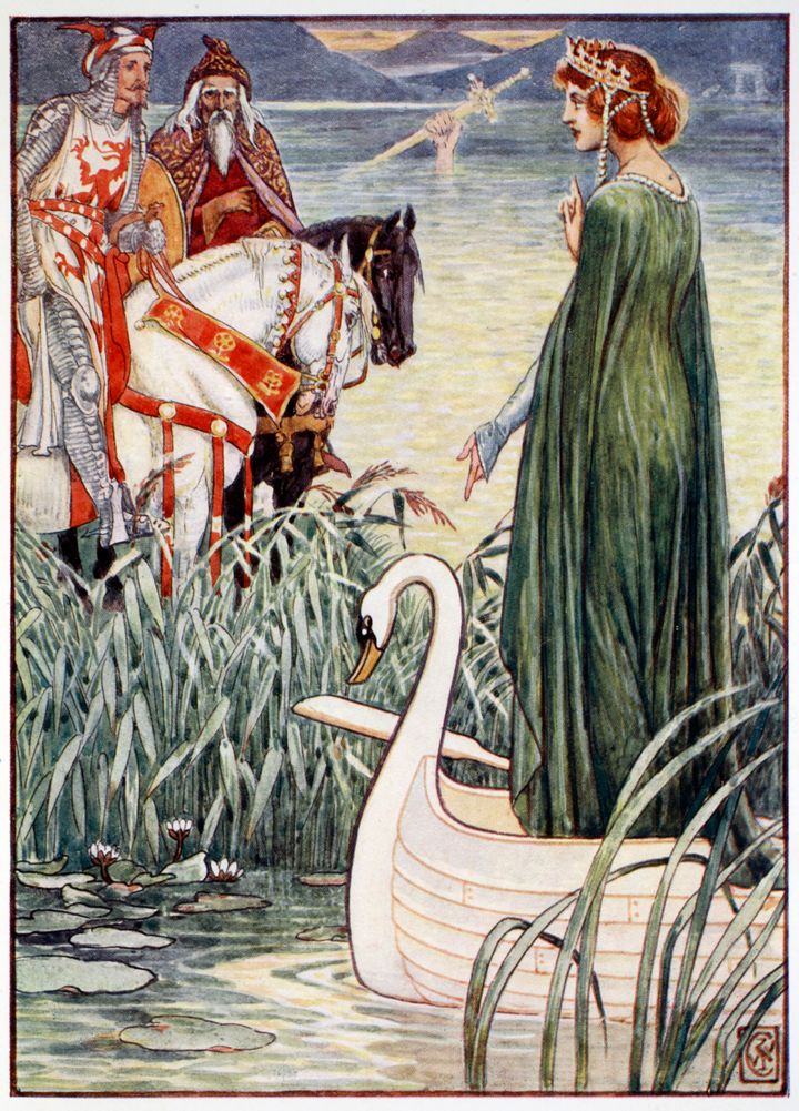 Ο βασιλιάς Αρθούρος ζητά από την Kυρά της λίμνης το σπαθί Εξκάλιμπερ. Από το βιβλίο Ιστορίες των ιπποτών της Στρογγυλής Τραπέζης του Χένρι Γκίλμπερτ, πρώτη έκδοση, 1911.